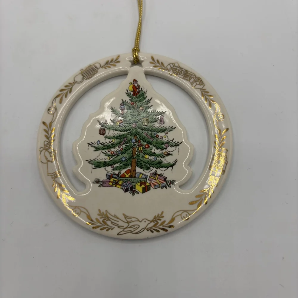 Vintage 1990s Spode Christmas Tree Ornament Ceramic Round Cutout Gold Trim Box